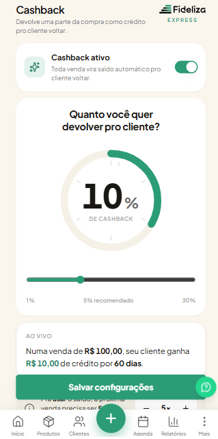 Tela de configuração do cashback