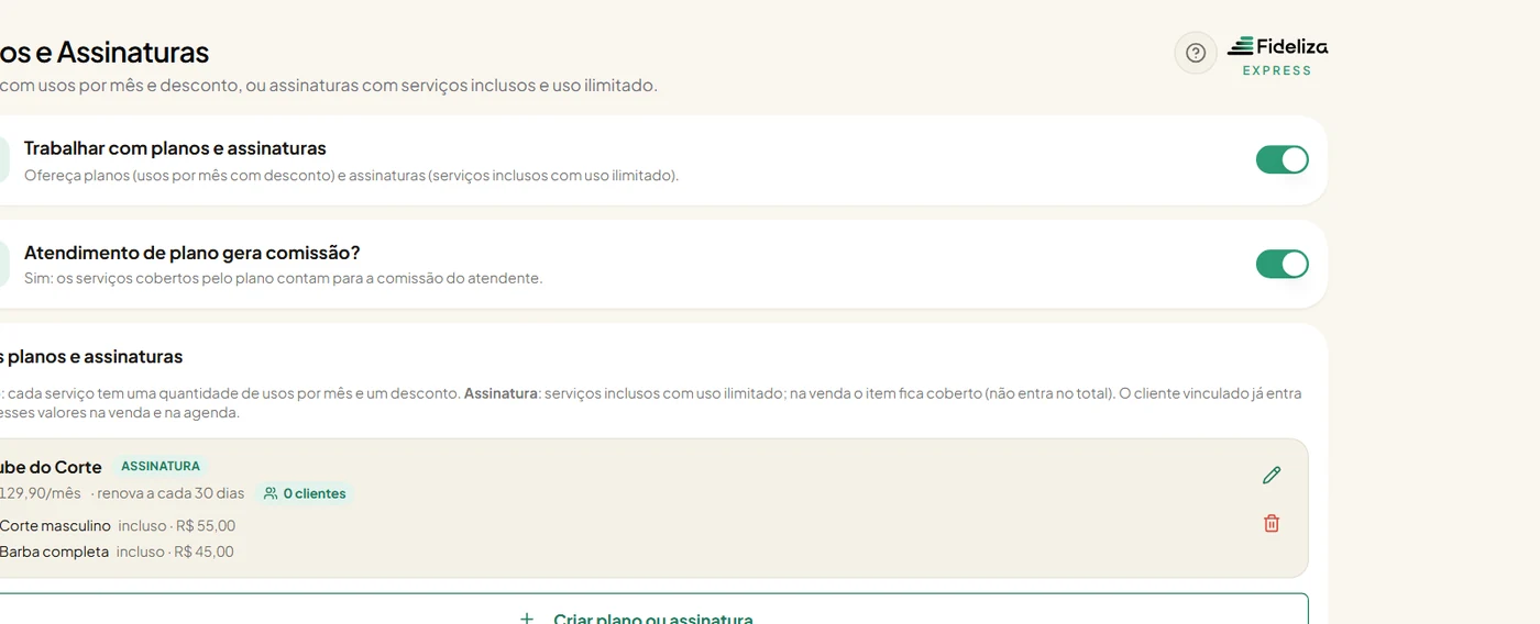 Tela de planos e assinaturas do Fideliza