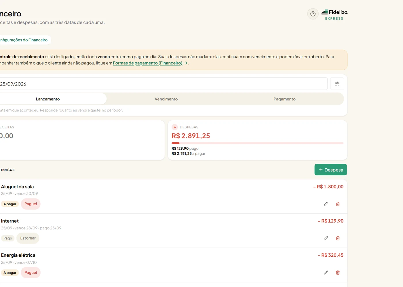 Tela do financeiro do Fideliza Express