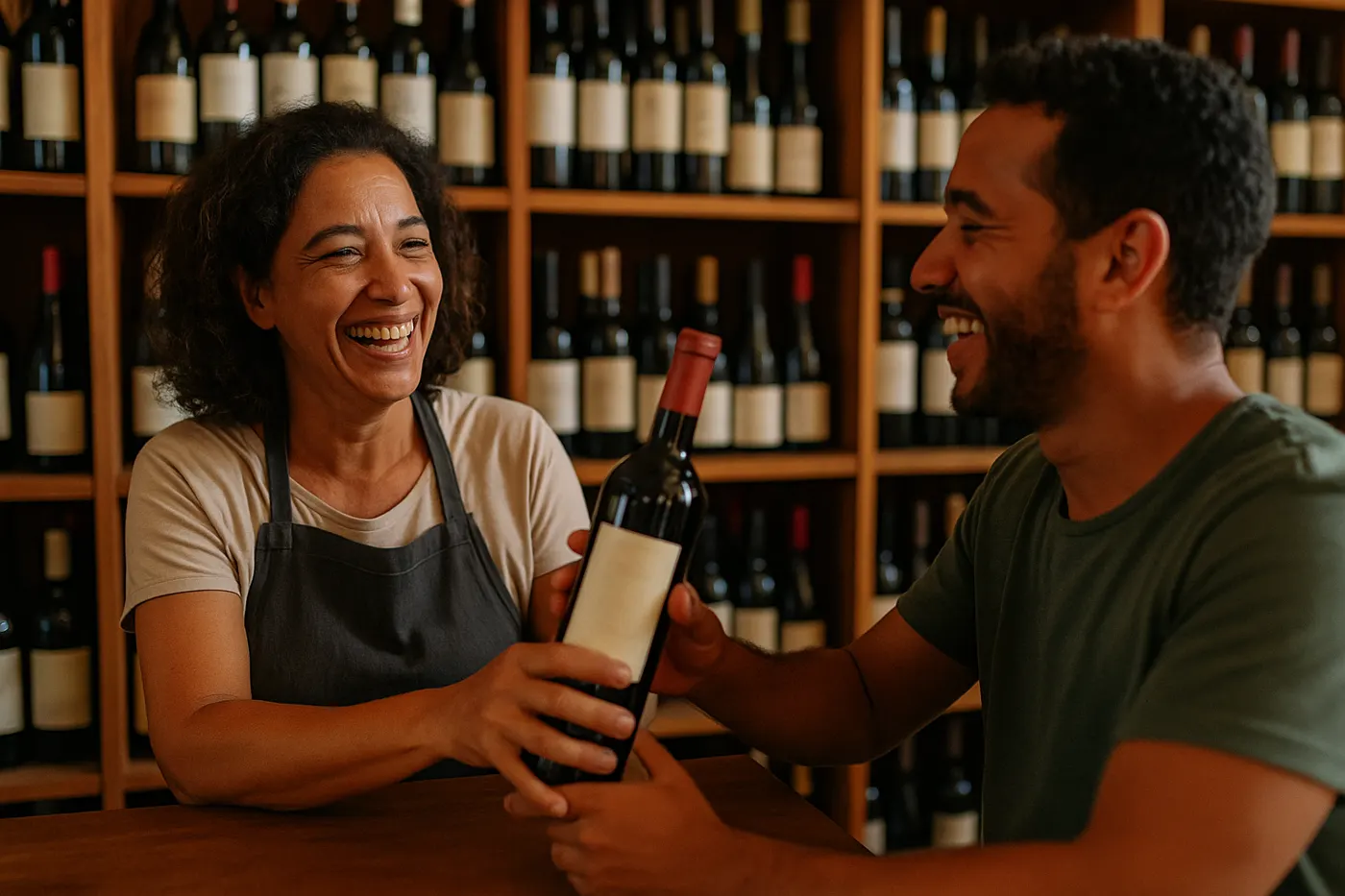 Dona de adega entregando uma garrafa de vinho a um cliente no balcão