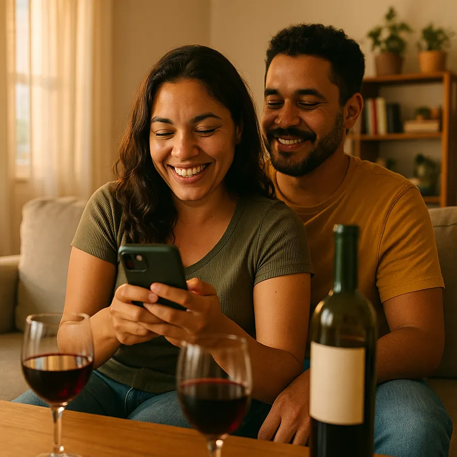 Casal em casa com uma taça de vinho lendo mensagem da adega no celular