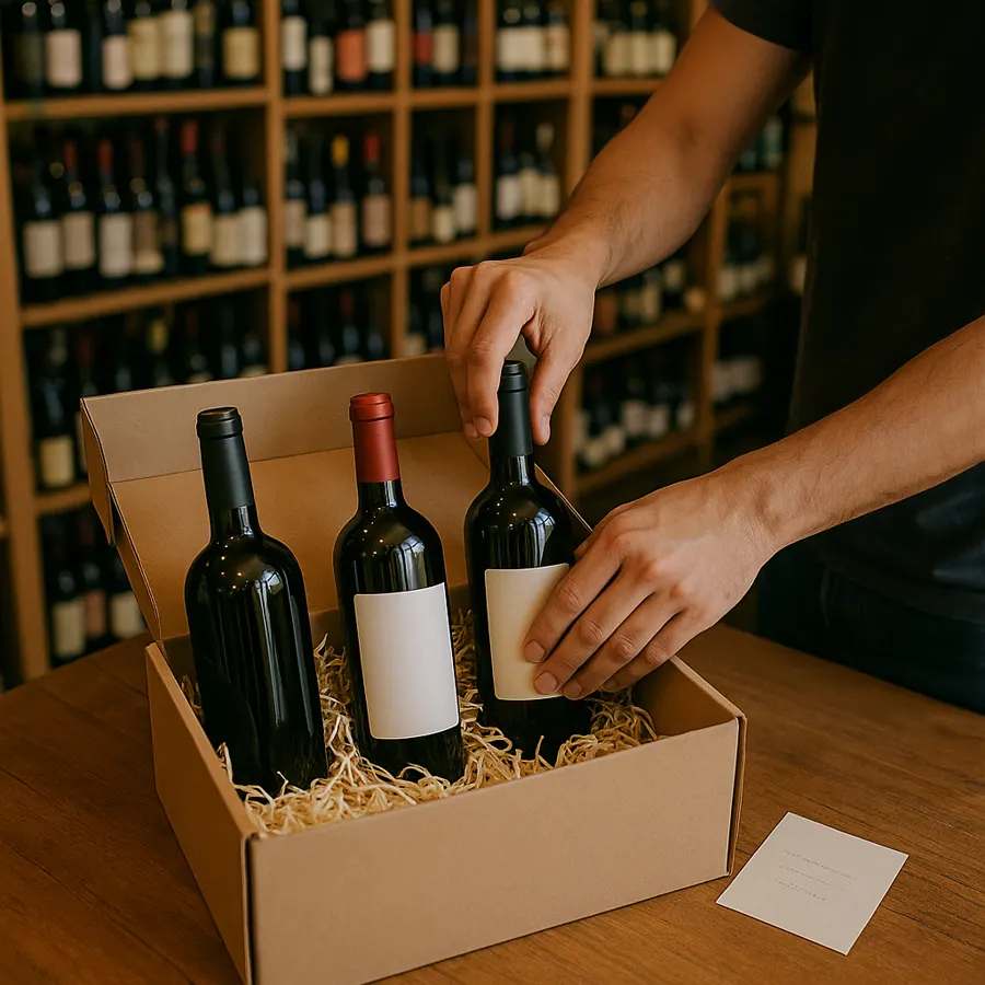 Caixa do clube do vinho sendo montada com três garrafas